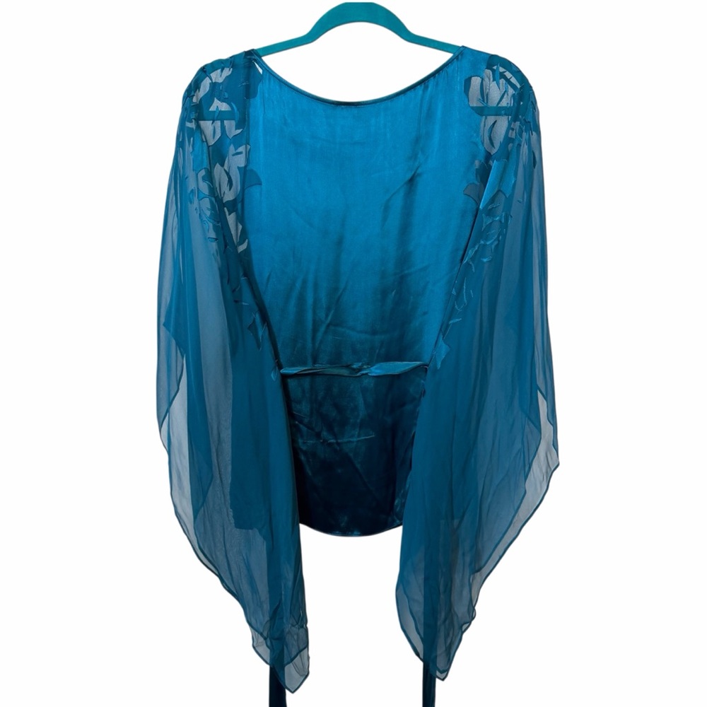 Vintage Cache Flutter Sleeves Teal Silk Blend Sheer Blouse with Tie Waist - Picture 7 of 11